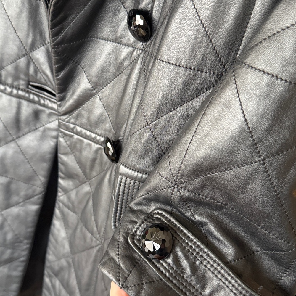 Women Sheep Leather Black Quilted Coat with Real Fur Collar size M - Picture 6 of 12